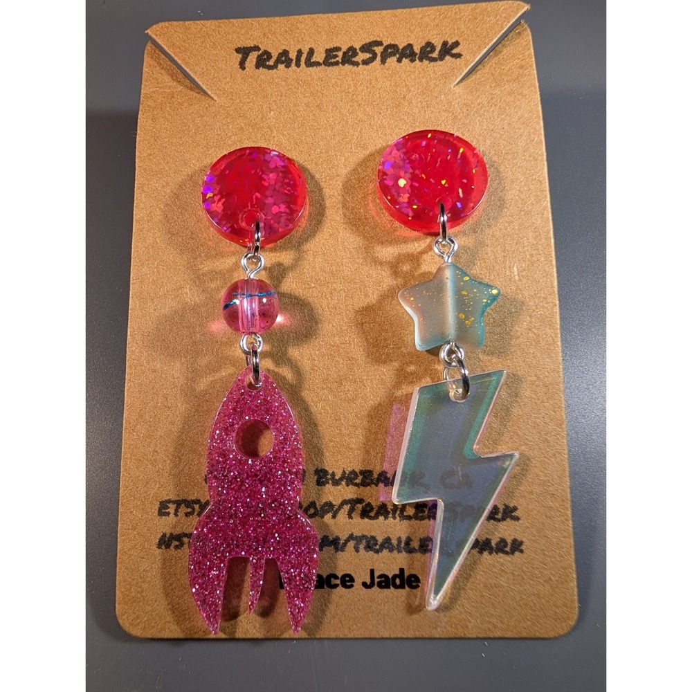 TrailerSpark Mismatched Rocket Lightning Bolt Earrings Pink Glitter Nickel Free
